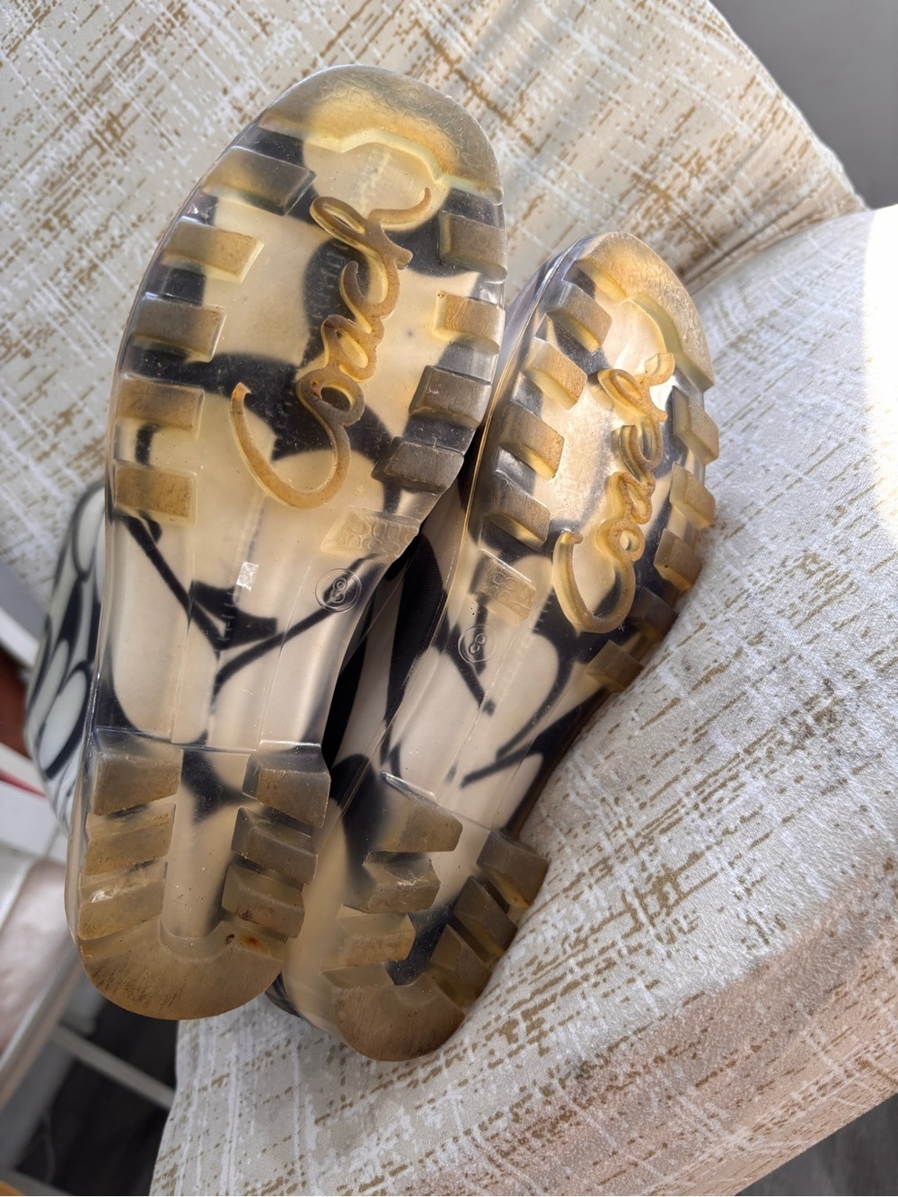COACH Black & Cream Rubber Lug Sole Rain Boots